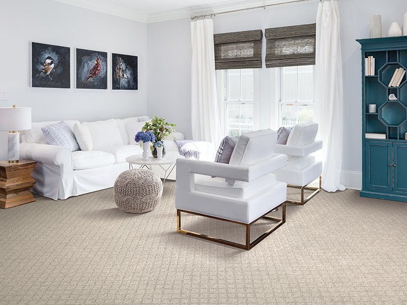 beige carpet and white sofa